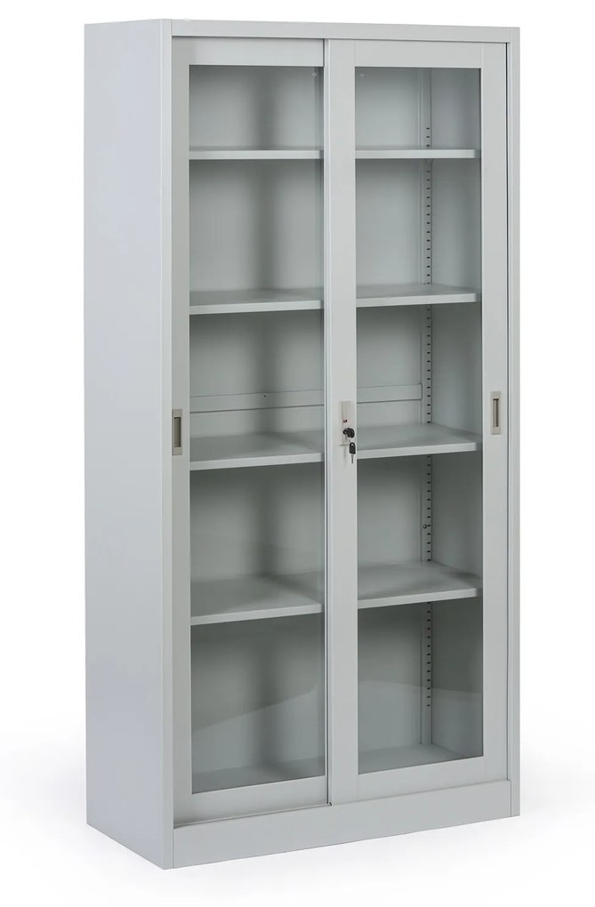 Metalowa szafka z półkami i szklanymi przesuwanymi drzwiami, zdemontowana, 900 x 1850 x 400 mm