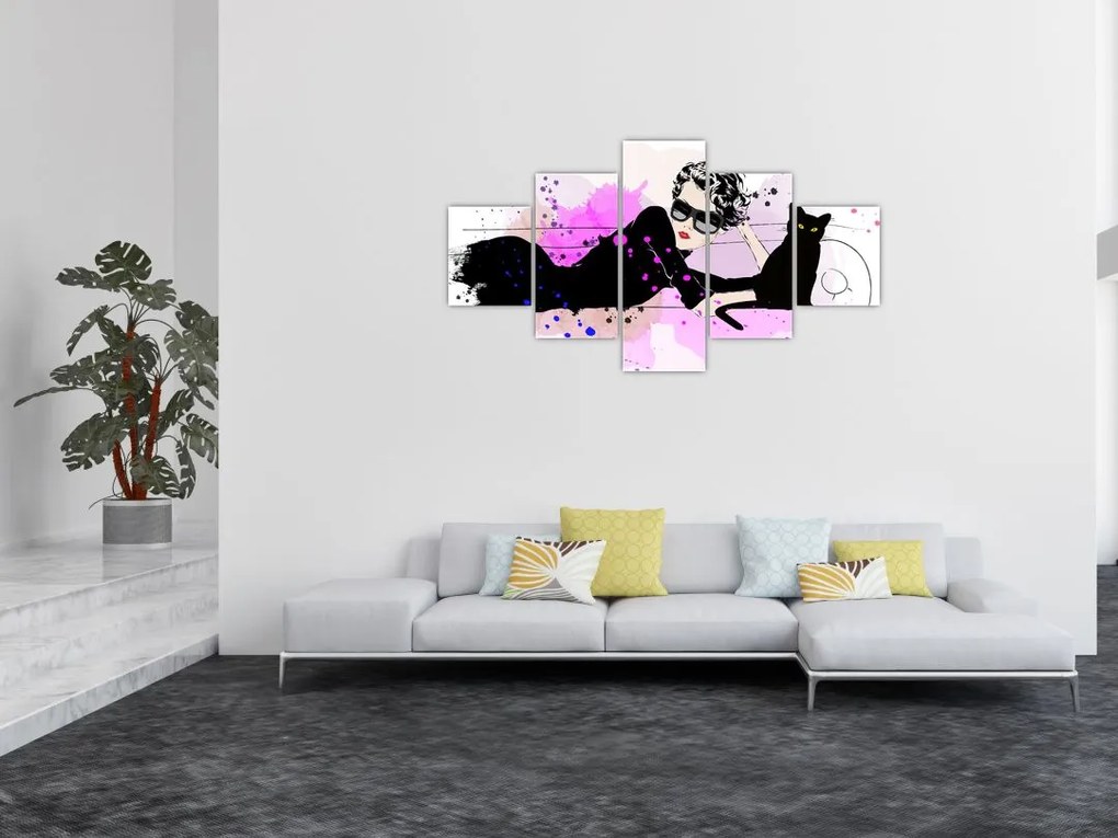 Obraz - Kobieta z czarnym kotem (125x70 cm)