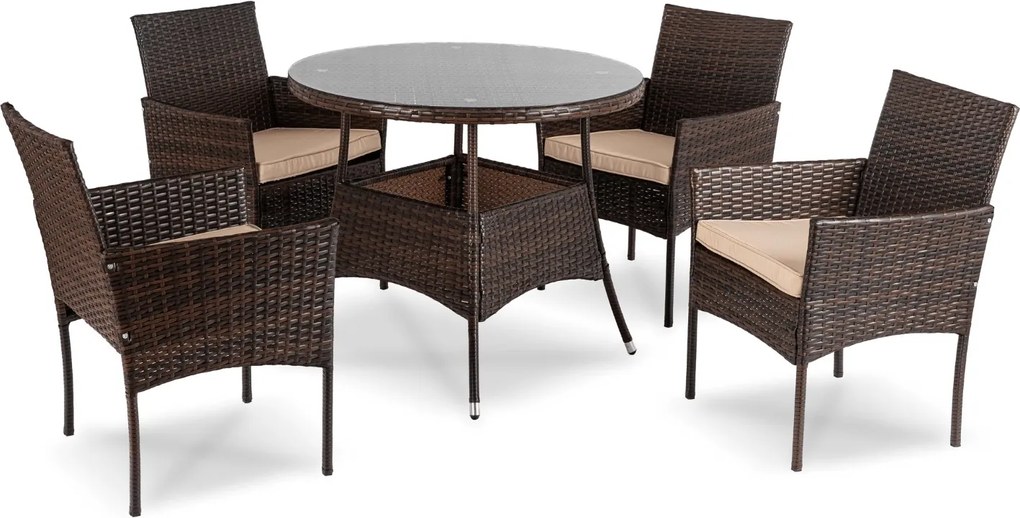 Zestaw mebli ogrodowych dla 4 osób Moreno - stół okrągły 90 cm i 4 krzesła, brązowy technorattan