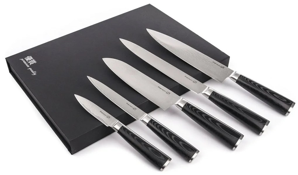 Zestaw noży G21 Damascus Premium w bambusowym bloku, pudełko, 5 szt. + kamień do ostrzenia