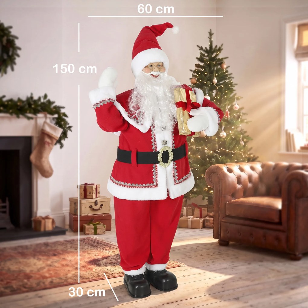 HOMCOM Życiowej wielkości śpiewający Mikołaj 150 cm, animowana figurka muzyczna z obracającą się głową, machającą dłonią i prezentem | Aosom PL