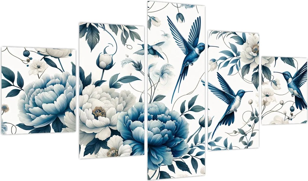 Obraz - Kolibry z kwiatami (125x70 cm)