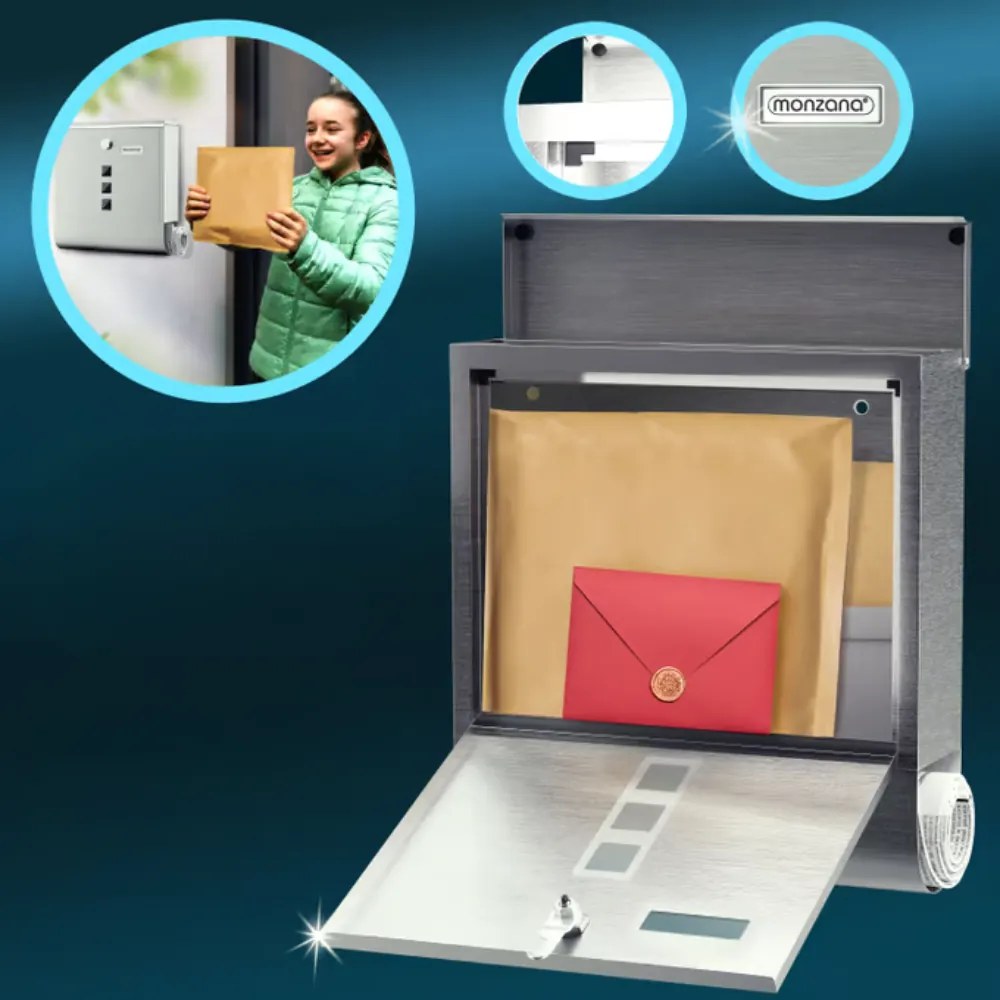 Skrzynka pocztowa z tubą na gazety POST, 30,5x10x33,5cm, srebrna Monzana