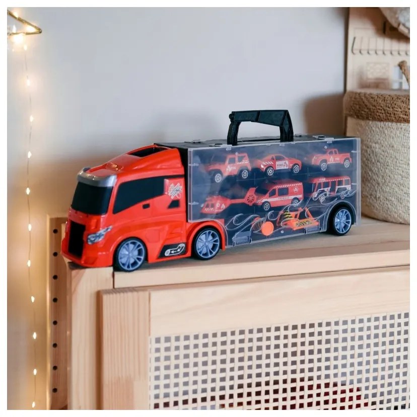 Woopie zestaw ciężarówka transporter 3w1 czerwony 11 el.