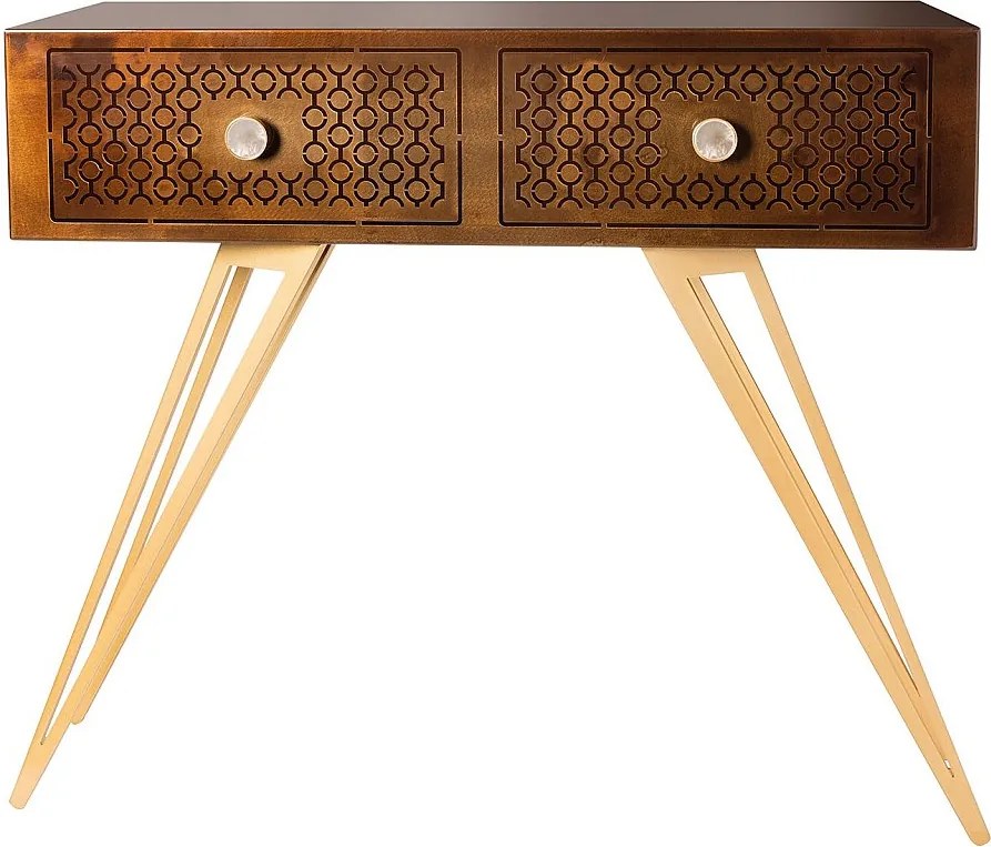 Konsola Mayfair 100x35x80 cm z żelaza, styl Hollywood Regency, złote nogi, szuflady z białego marmuru, made in Italy