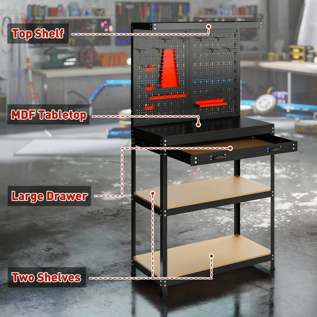 HOMCOM Stół warsztatowy 80 x 40,5 x 155 cm z panelem perforowanym, hakami, szufladą, 2 półkami do warsztatu, czarny