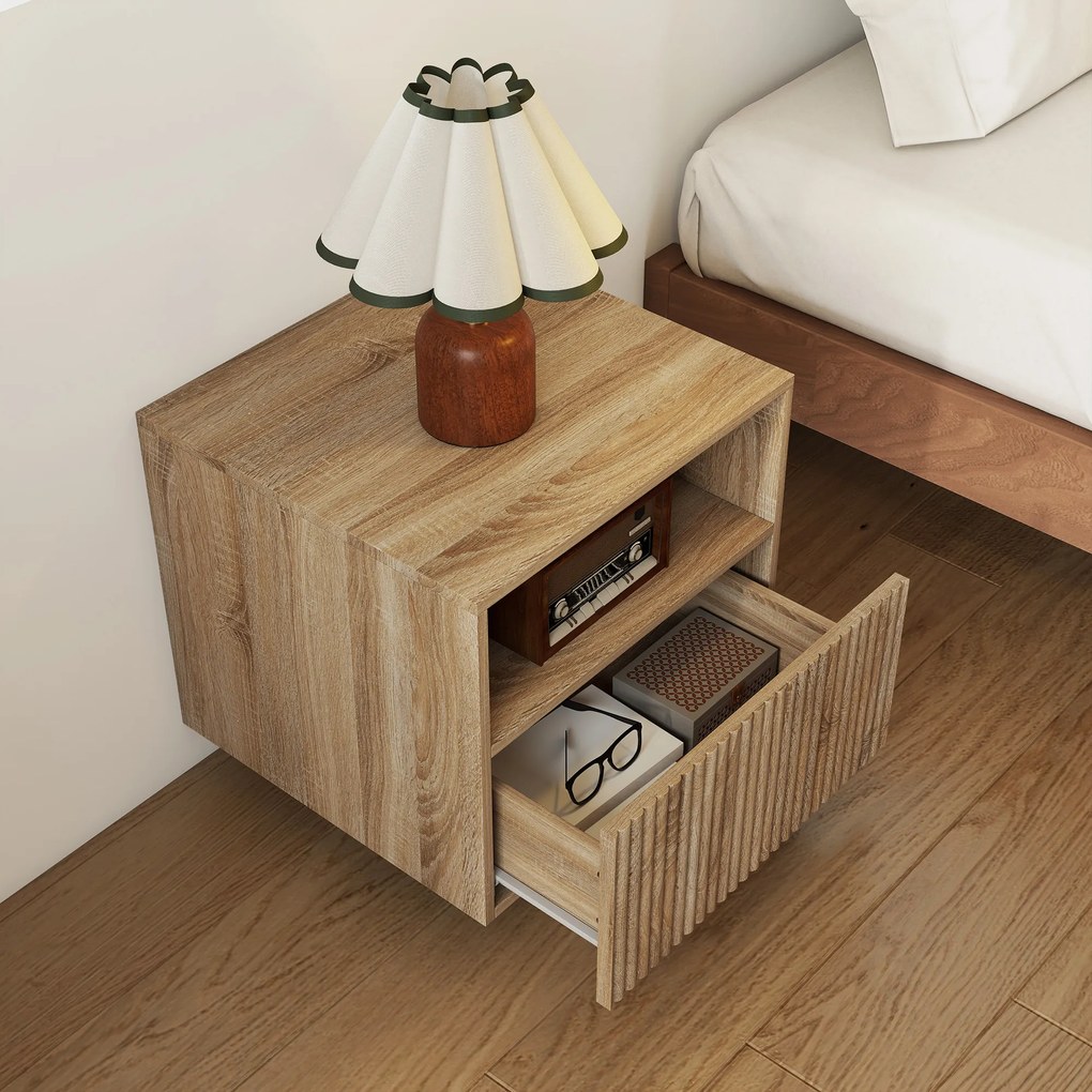 HOMCOM stolik nocny, bezuchwytowy design, otwarta półka, szuflada, montaż ścienny, jasnobrązowy
