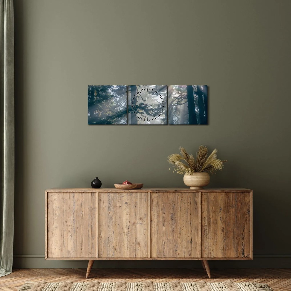 Obraz drzew, przez które prześwieca słońce (z zegarem) (90x30 cm)