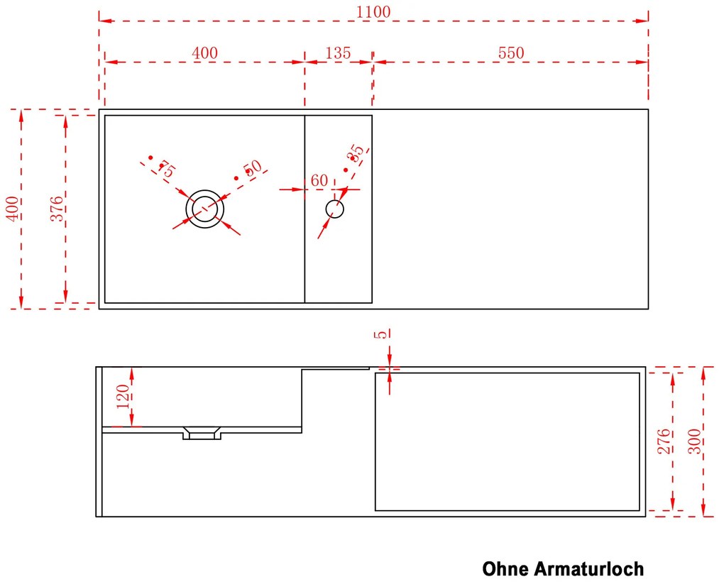 Umywalka ścienna TWG36 z odlewu mineralnegoBiały mat - z półką po prawej stronie - 110 x 40 x 30 cm