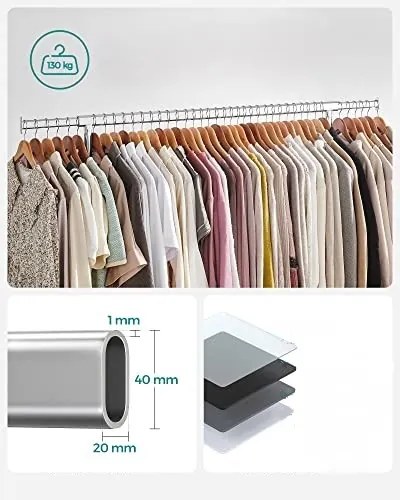 Wieszak na ubrania IRENE na kółkach, max. 130 kg, 150x45x160 cm, srebrny SongmicsHome