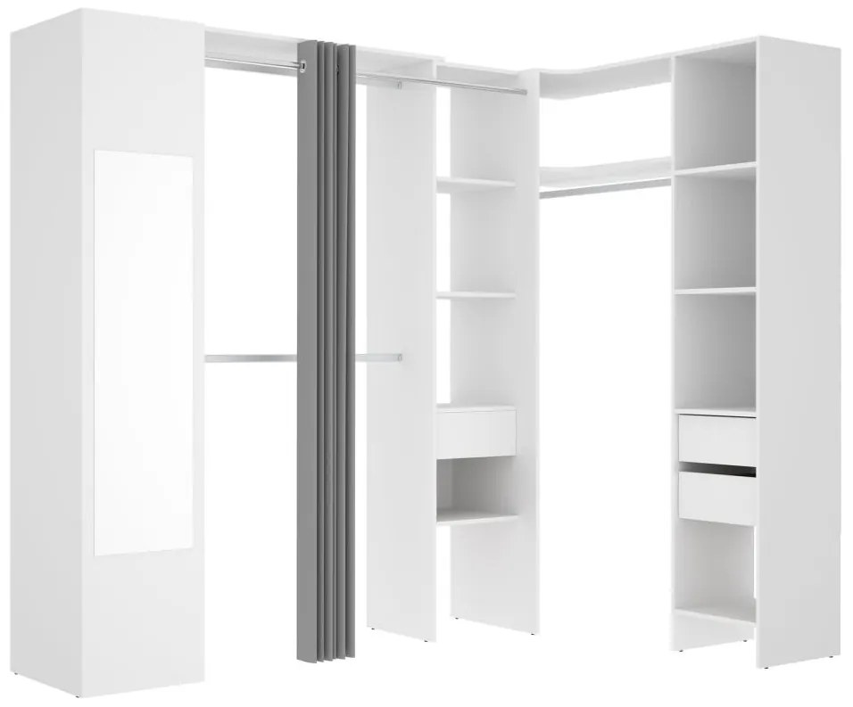 Narożna garderoba z zasłonką 1-drzwiowa – lustro – dł. 231 cm – biała i szara – BERTRAND
