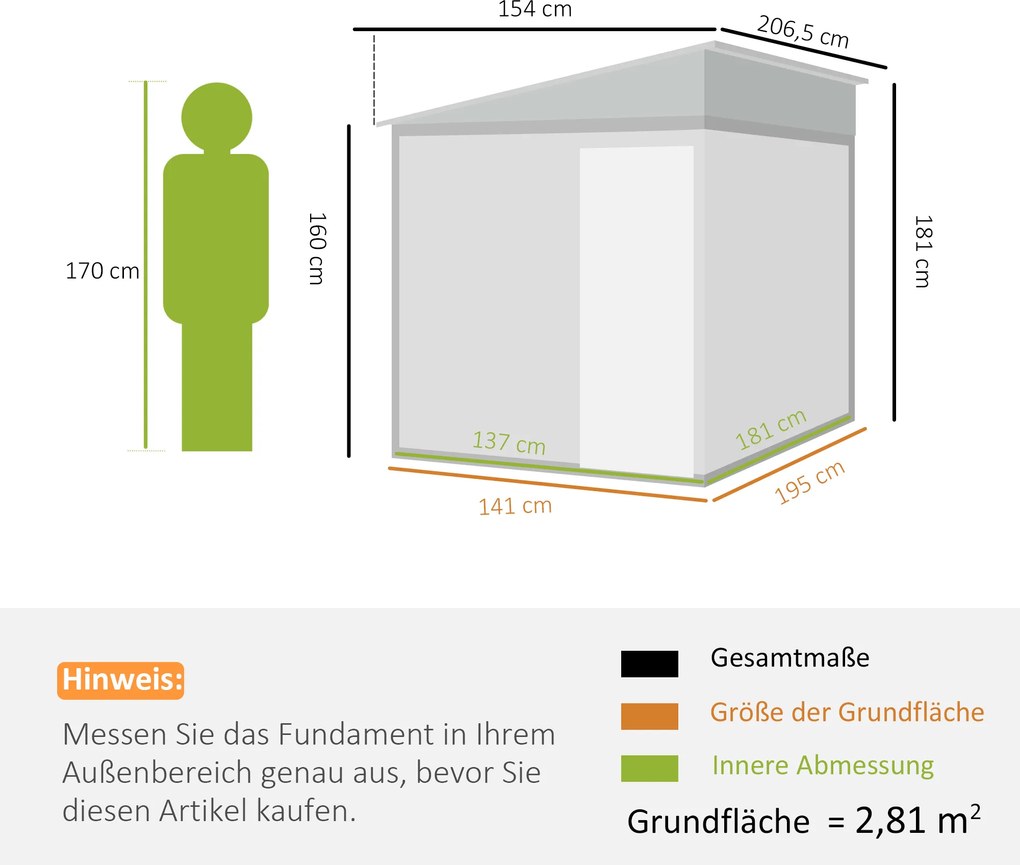 Outsunny Metalowy Domek na Narzędzia 2,81m² 154x206,5x181 cm z Dachem i Fundamentem