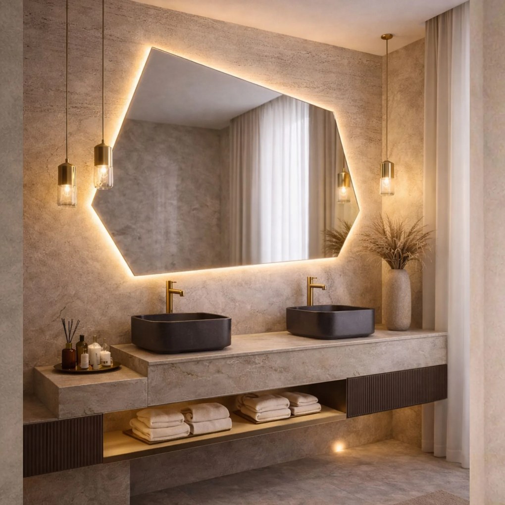 Lustro dekoracyjne o nieregularnym kształcie z podświetleniem FLOW Geometric LED | Różne rozmiary | Różne kolory : Kolor tafli szkła - Srebrny, Rozmiar - 100x69
