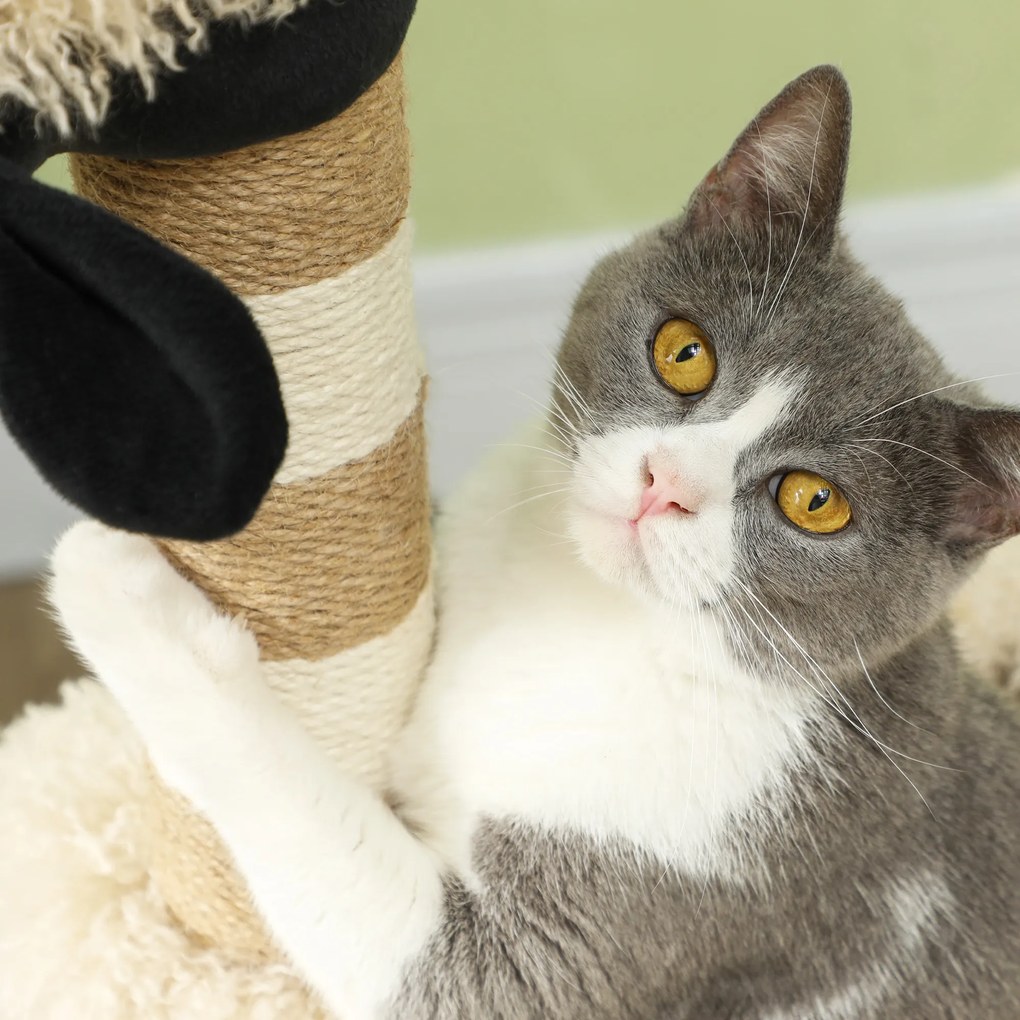 PawHut Drapak dla kota w designie baranka z słupkami do drapania, tunelem i zabawką, 98 cm, Jasnobrązowy