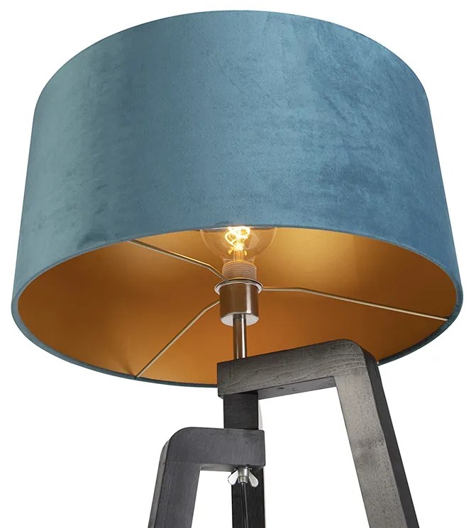Lampa podłogowa trójnóg czarna z niebieskim kloszem i złotem 50 cm - PurosWiejski/ Rustykalny / Vintage Oswietlenie wewnetrzne