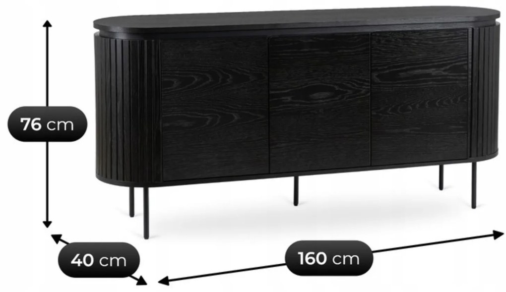 Komoda do Salonu BECK 160 cm Czarna Trzydrzwiowa Ryflowana Nowoczesna