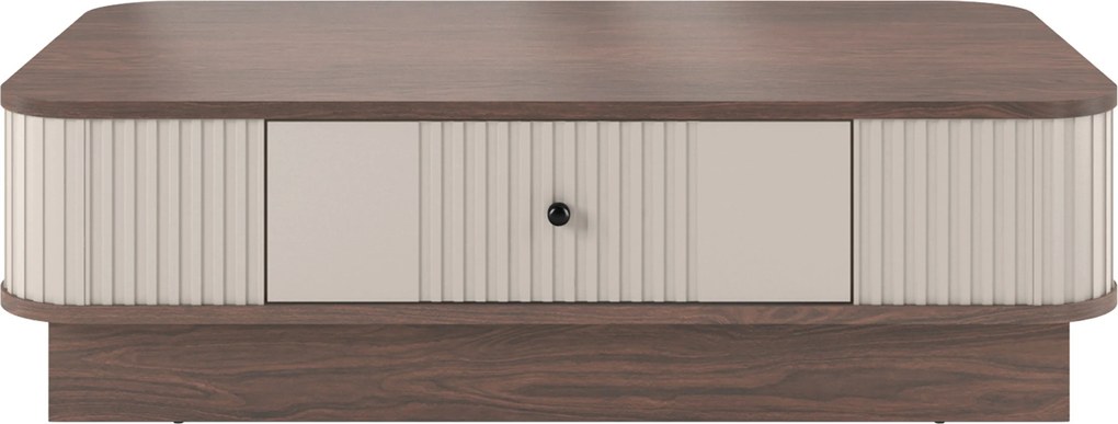 Stolik kawowy Vesper 103x60 cm z szufladą na cokole - kaszmir / orzech / czarny uchwyt