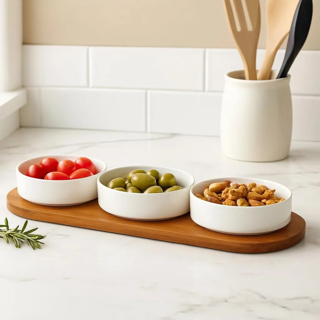 Zestaw porcelanowych miseczek do serwowania przekąsek APERIO, 3 x 390 ml, bambusowa taca