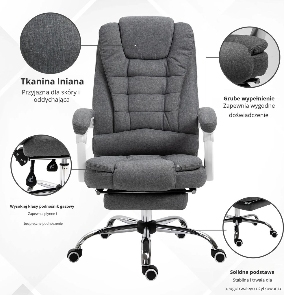 Vinsetto Fotel biurowy z podnóżkiem szary tkanina lniana wygodny regulowany ergonomiczny fotel do pracy | Aosom PL