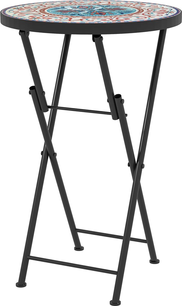 Outsunny Stolik ogrodowy z mozaiką, Składany okrągły stolik tarasowy z metalowym stelażem i ceramicznym blatem, Wzór mozaikowy, Wielobarwny