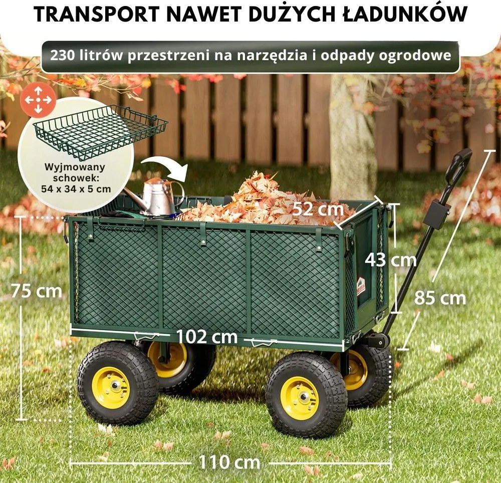 Wózek transportowy HECTOR, maks. 550 kg, 110x75x52 cm, zielony Gardebruk