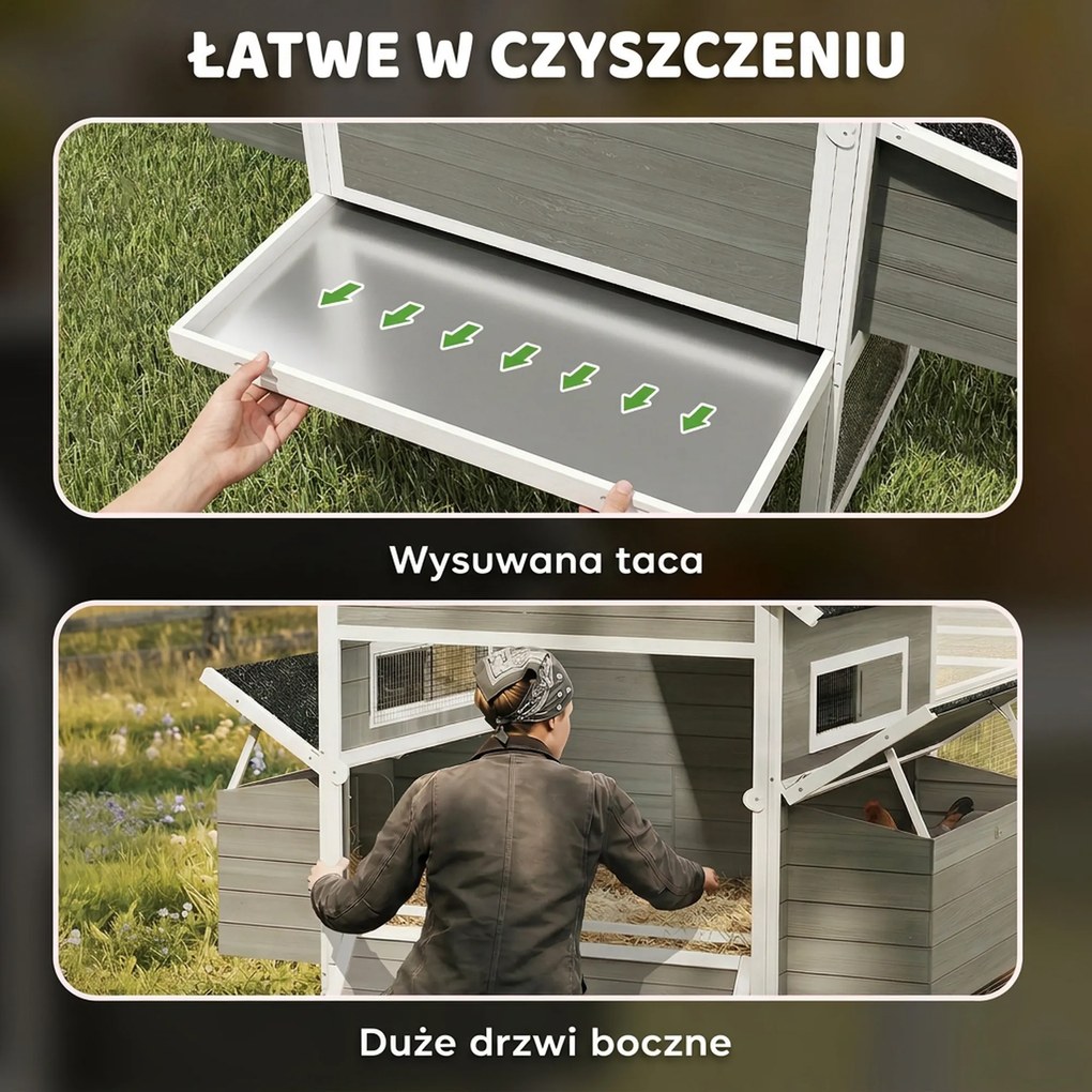 PawHut Drewniany Kurnik z Wybiegiem, Gniazdami i Asfaltowym Dachem, Wysuwana Taca, Dla 8-10 Kur, 347x160x150 cm, Ciemnoszary | Aosom PL