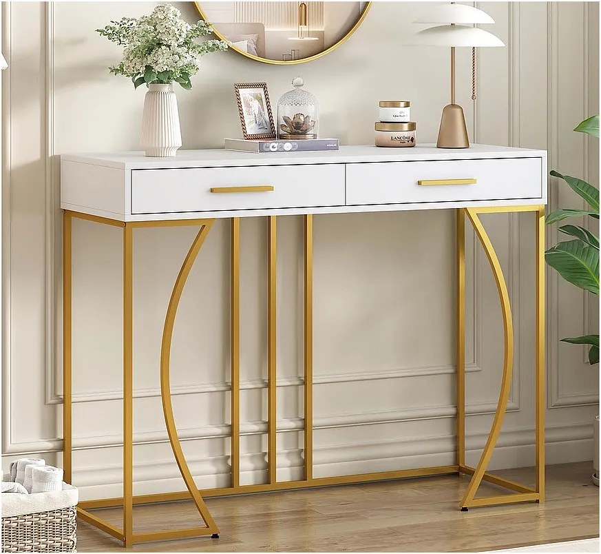 Konsola z 2 szufladami - styl nowoczesny - Biała i Złota