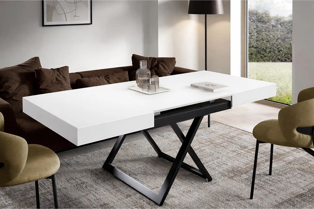 Ławostół 120 cm Ducale U - stół rozkładany do salonu 120-200 cm, regulowana wysokość, czarny stelaż - Biały