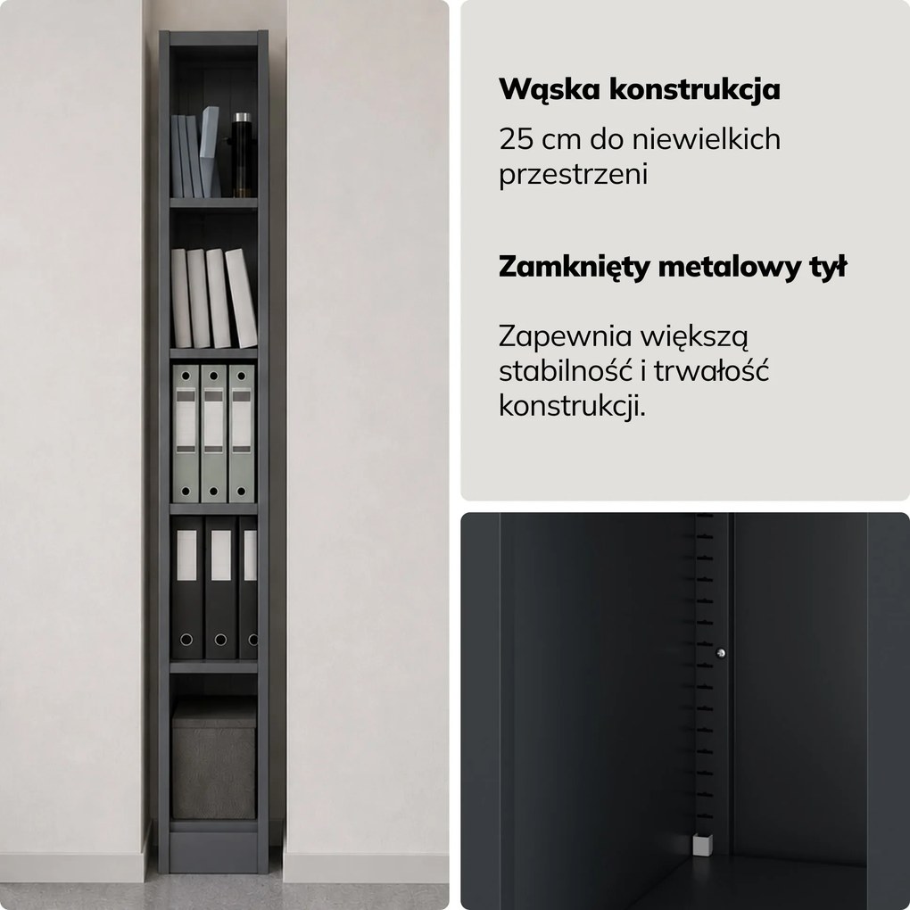 Regał metalowy wąski, archiwizacyjny na dokumenty antracytowy, 250x1850x400 mm: TIM