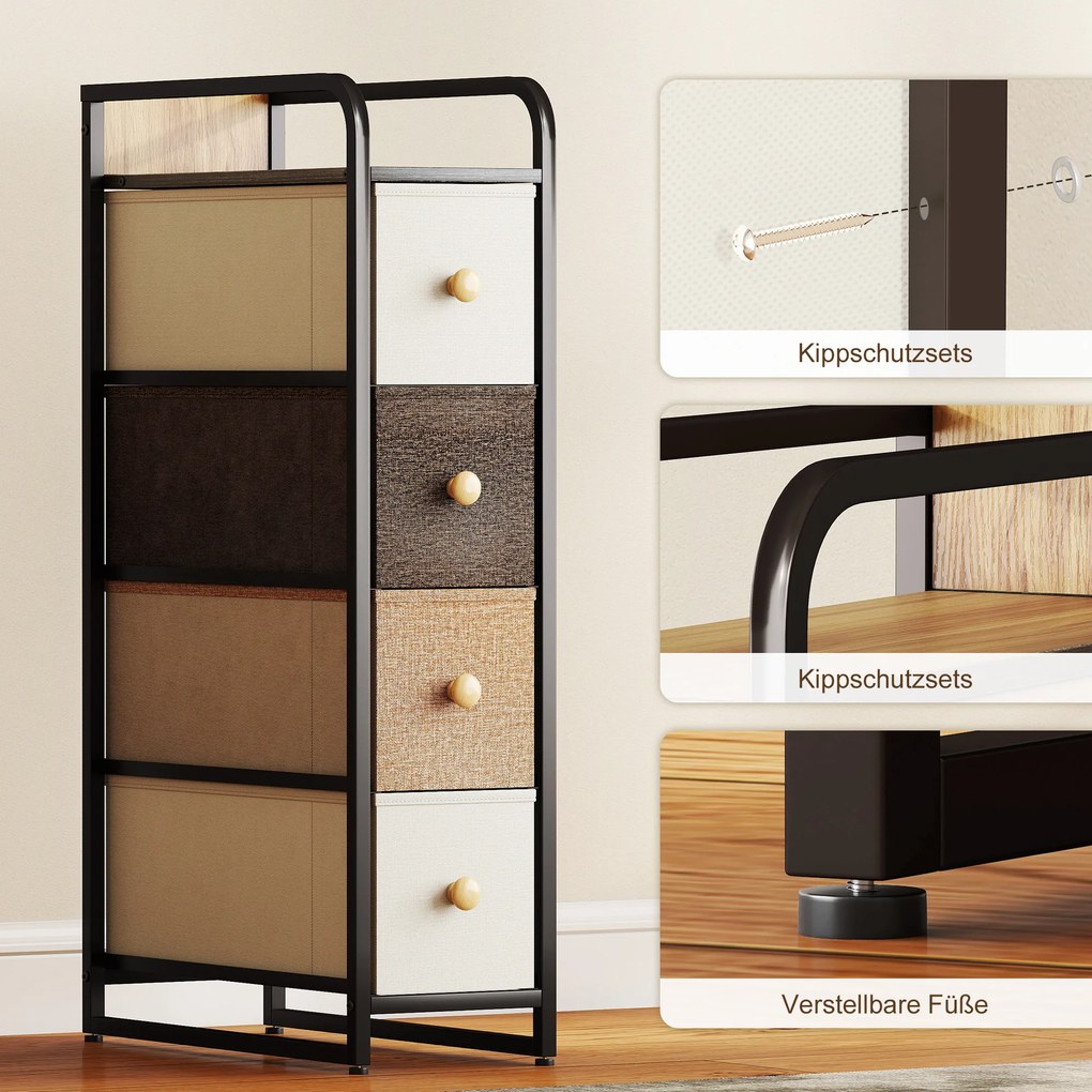 HOMCOM Komoda z 4 tkaninowymi szufladami, szafka do przechowywania ze stalową ramą, 20 x 47 x 84,5 cm, wielobarwna | Aosom PL