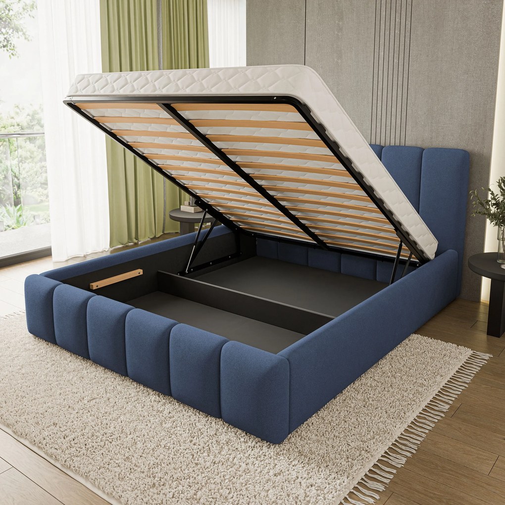 Masseno Łóżko Tapicerowane ATTORA z pojemnikiem na pościel 160x200 cm - Niebieski, SORO 76