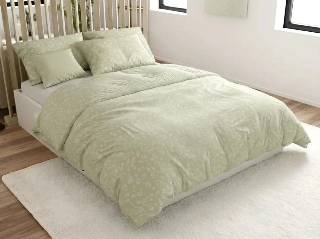 PrzytulneMieszkanie.pl PrzytulneMieszkanie.pl Pościel z kory z bawełny Renforcé GREEN FLOWERS zielona Rozmiar pościeli: 70 x 90 cm | 140 x 200 cm