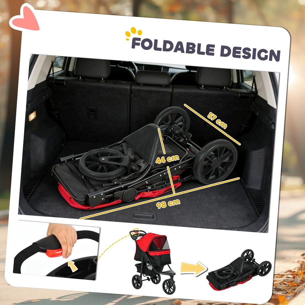 PawHut Wózek dla psa składany do 10 kg z 3 kołami, siatkowymi oknami, uchwytem na napoje i koszem na akcesoria, 109,5 x 57,5 x 106,5 cm, czerwony | Aosom PL