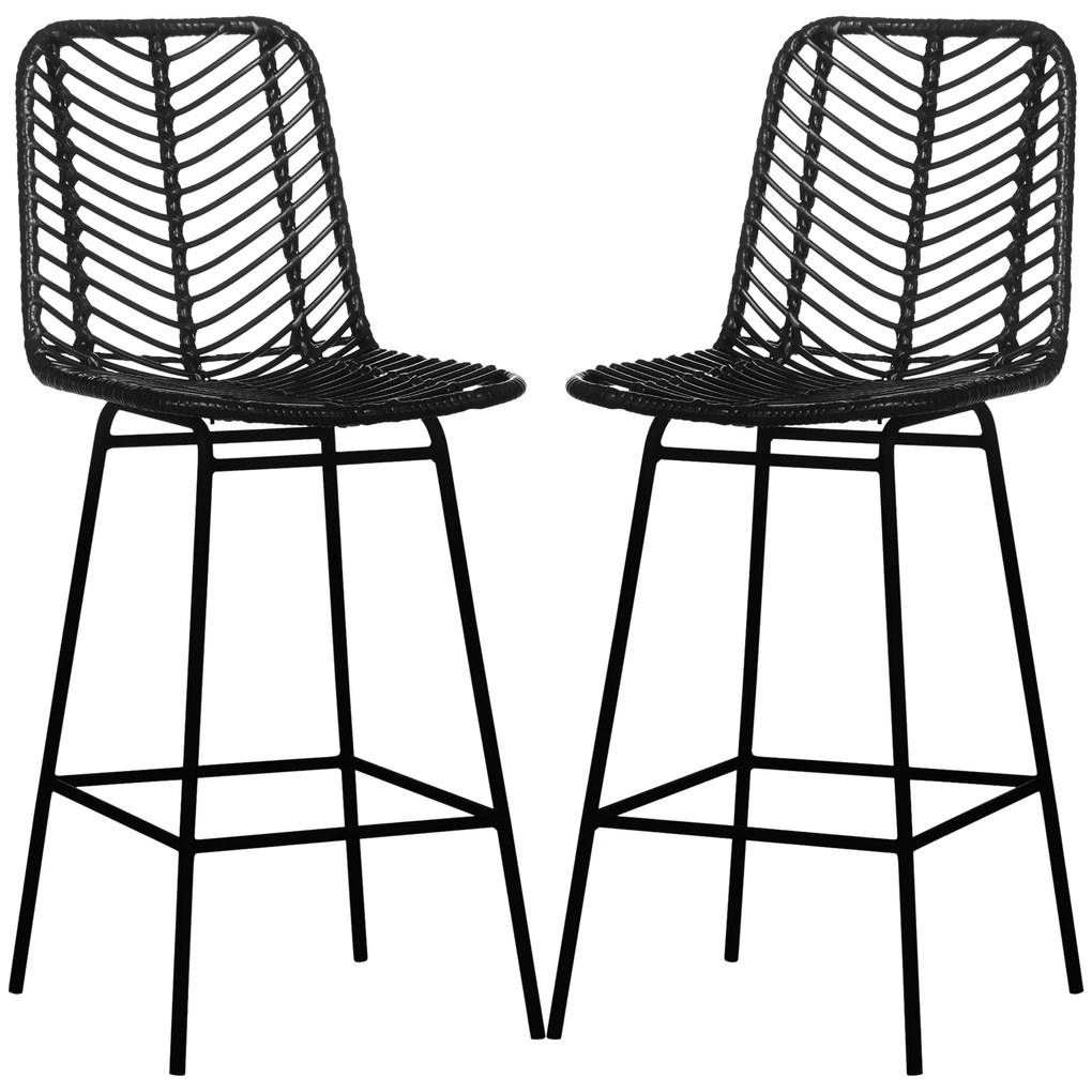 HOMCOM Stołki Barowe, Zestaw 2, Wzór Rattanowy, Podnóżek, Stelaż Stalowy, Antypoślizgowe, do 120 kg, 42,5x52x102 cm, Czarny