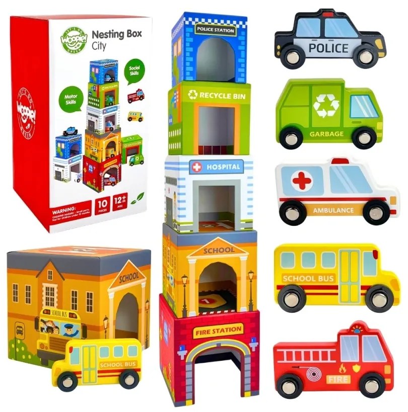 Woopie green układanka kostki miasto pojazdy w pudełkach + figurki 10 el.