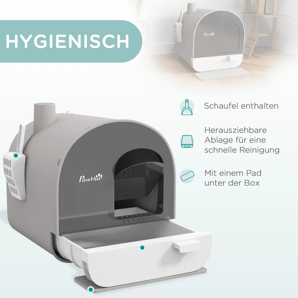 PawHut Kuweta z pokrywą, łopatką, matą na żwirek, plastik, szara/czarna | Aosom PL