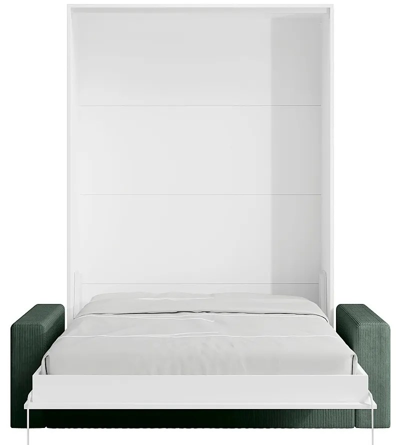 Łóżko chowane szafie 140 x 200 cm - Ręczne otwieranie pionowe - Białe + Materac + Zielona kanapa - BEGANIO