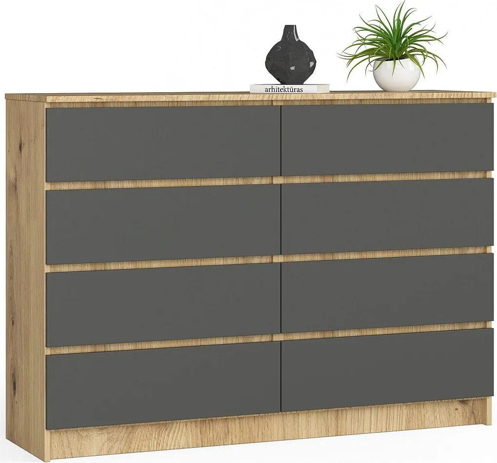 Komoda AKORD K140 Dąb Artisan 138 cm 8 szuflad kolor Grafit Szary mat 138x40x99 cm
