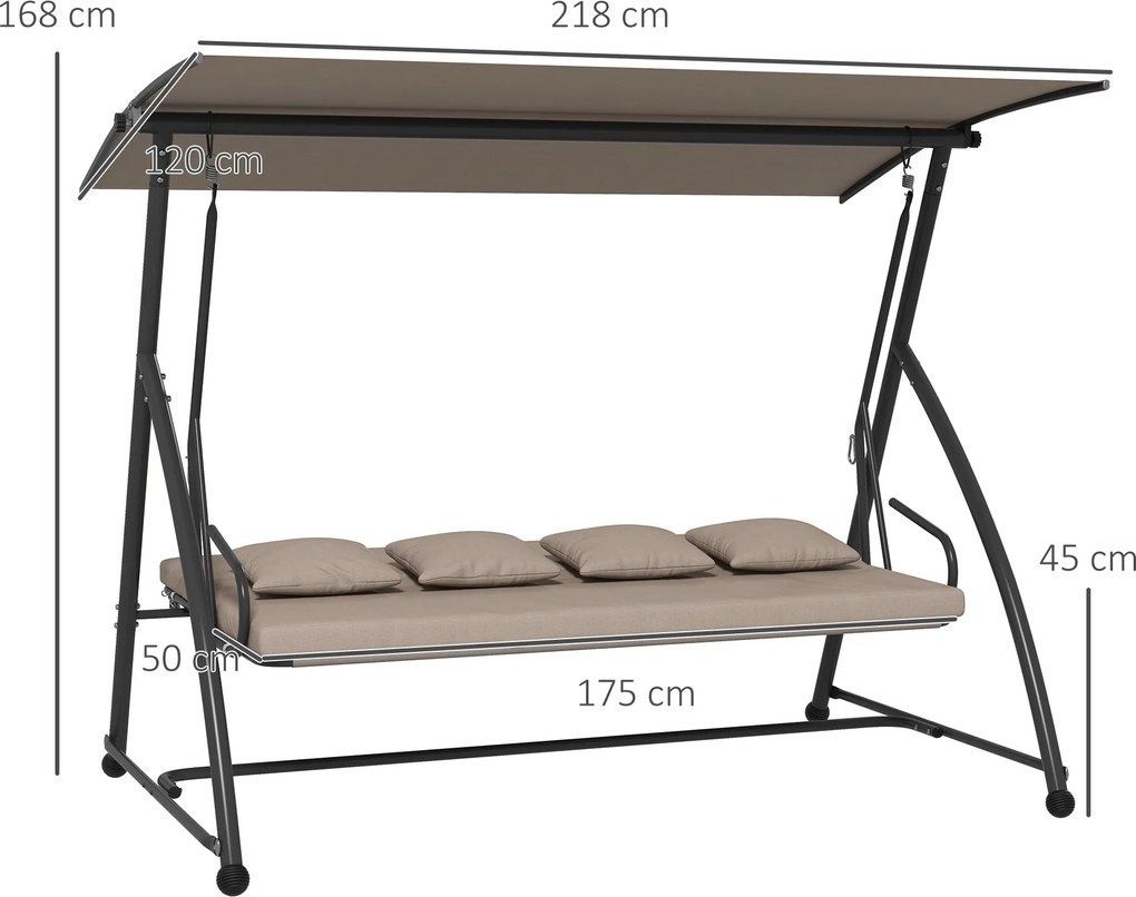 Outsunny 2 w 1 Huśtawka ogrodowa z funkcją leżanki, 3-osobowa huśtawka z stali 170x110x153cm, Jasnobrązowa