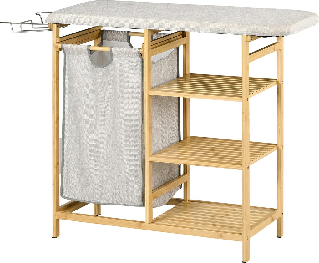 HOMCOM Segregator na pranie, multifunkcyjny, z deską do prasowania i workiem 57L, stelaż z bambusa, 113x34x82cm, naturalny/szary