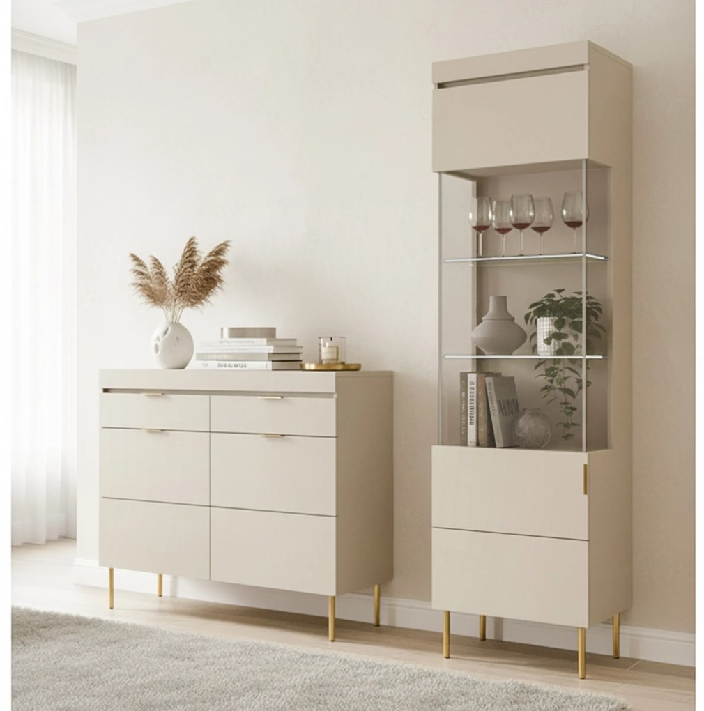 Komoda dwudrzwiowa Sentia 105 cm z dwoma szufladami - kaszmir / złoty