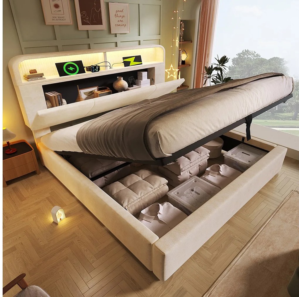 Łóżko z pojemnikiem 140x190 cm Łóżko dla dorosłych z regulowanym zagłówkiem, LED i USB - welur beżowy (bez materaca)