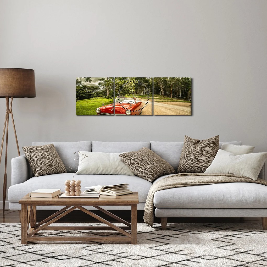 Obraz - zabytkowy samochód w przyrodzie (z zegarem) (90x30 cm)