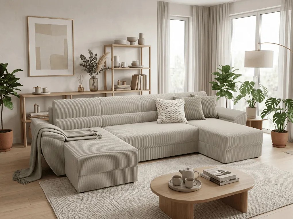 Rozkładana sofa narożna w kształcie U TAVERO 321x140 cm, jasnobeżowa