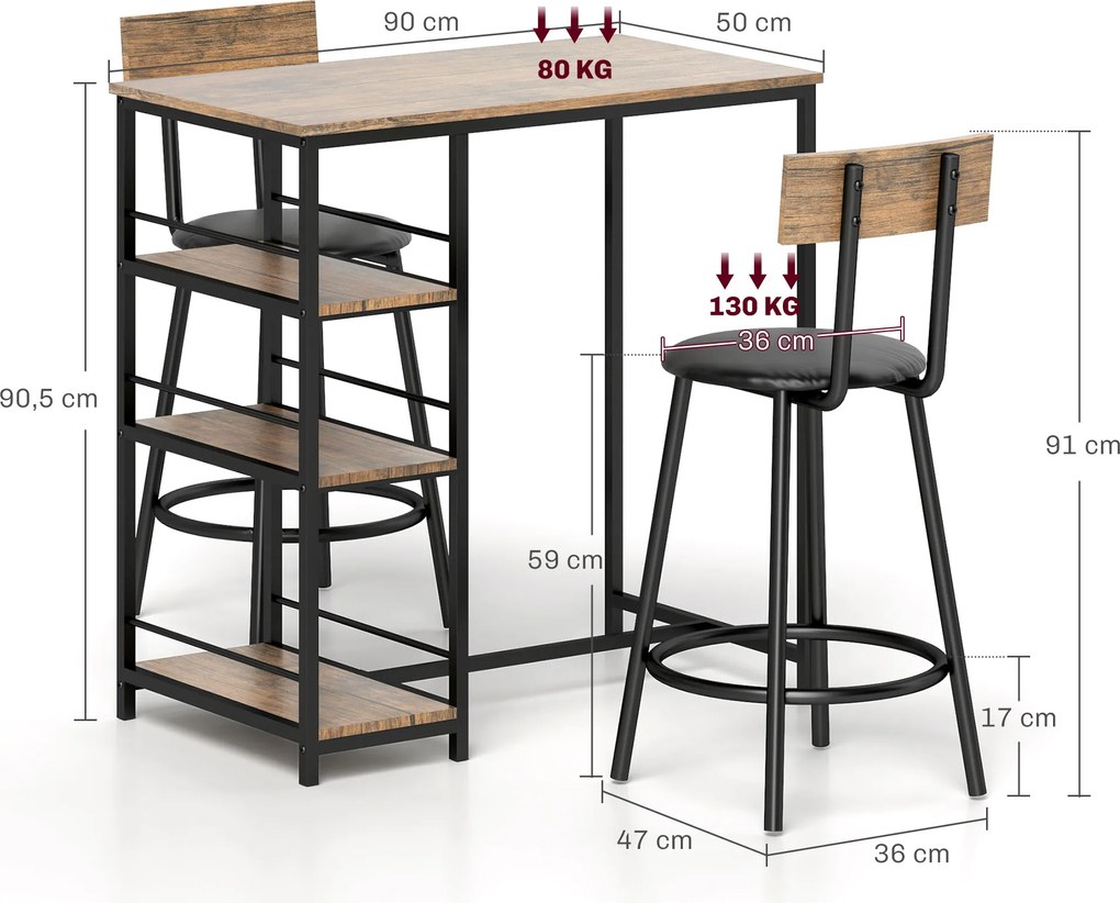 HOMCOM 3-częściowy zestaw do jadalni z ladą barową i 2 krzesłami, Mały zestaw kuchenny z bocznymi półkami, MDF, metal, czarny