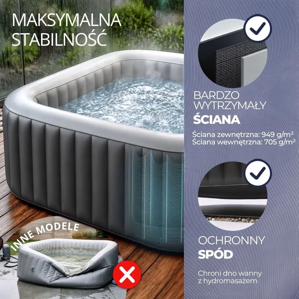 Nadmuchiwane jacuzzi OASIS dla 6 osób, kwadratowe, czarne Casaria
