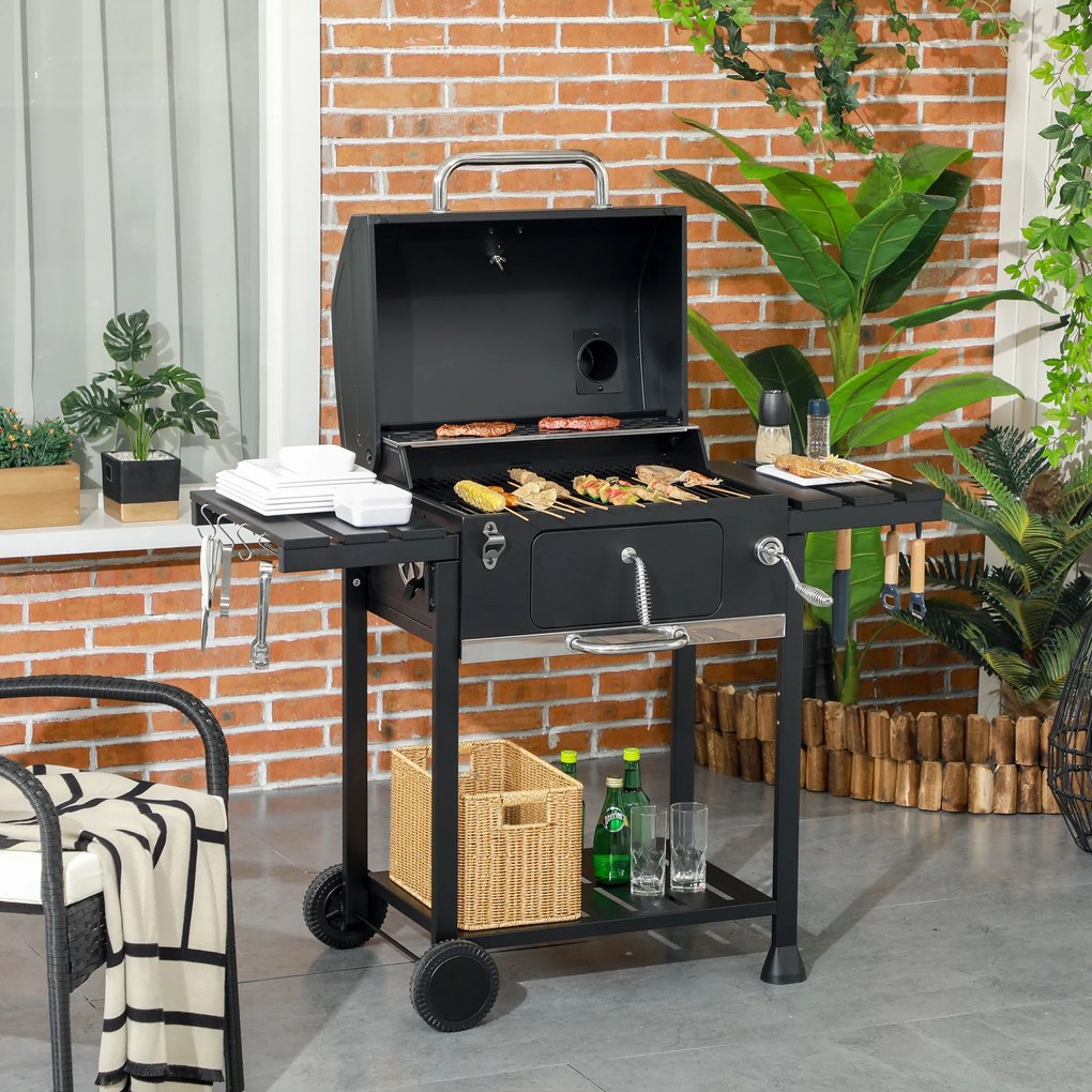 Outsunny Grill węglowy Grill BBQ-Grill, włącznie z termometrem, otwieraczem do butelek, 120 x 64 x 114 cm, czarny