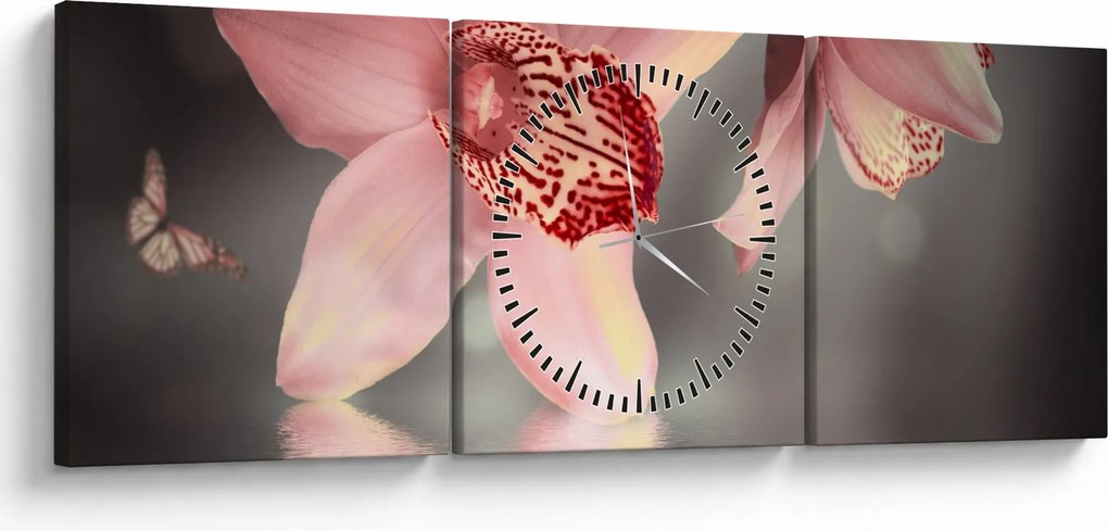 Obraz - Kwiaty i motyl (z zegarem) (90x30 cm)