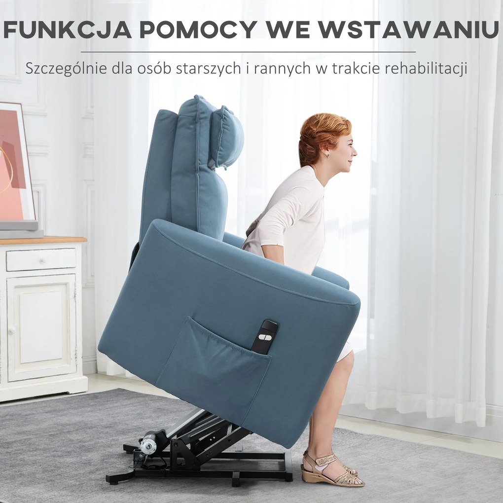 HOMCOM Fotel relaksacyjny z funkcją podnoszenia zintegrowany podnóżek pilot i kieszeń boczna niebieski | Aosom PL