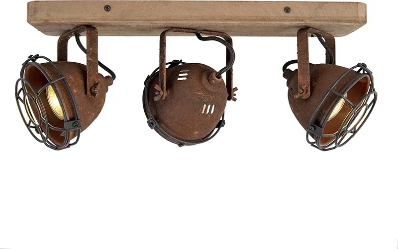 Industrialny reflektor rustykalny brązowy z drewnem, regulowany, 3-światłowy - Gina